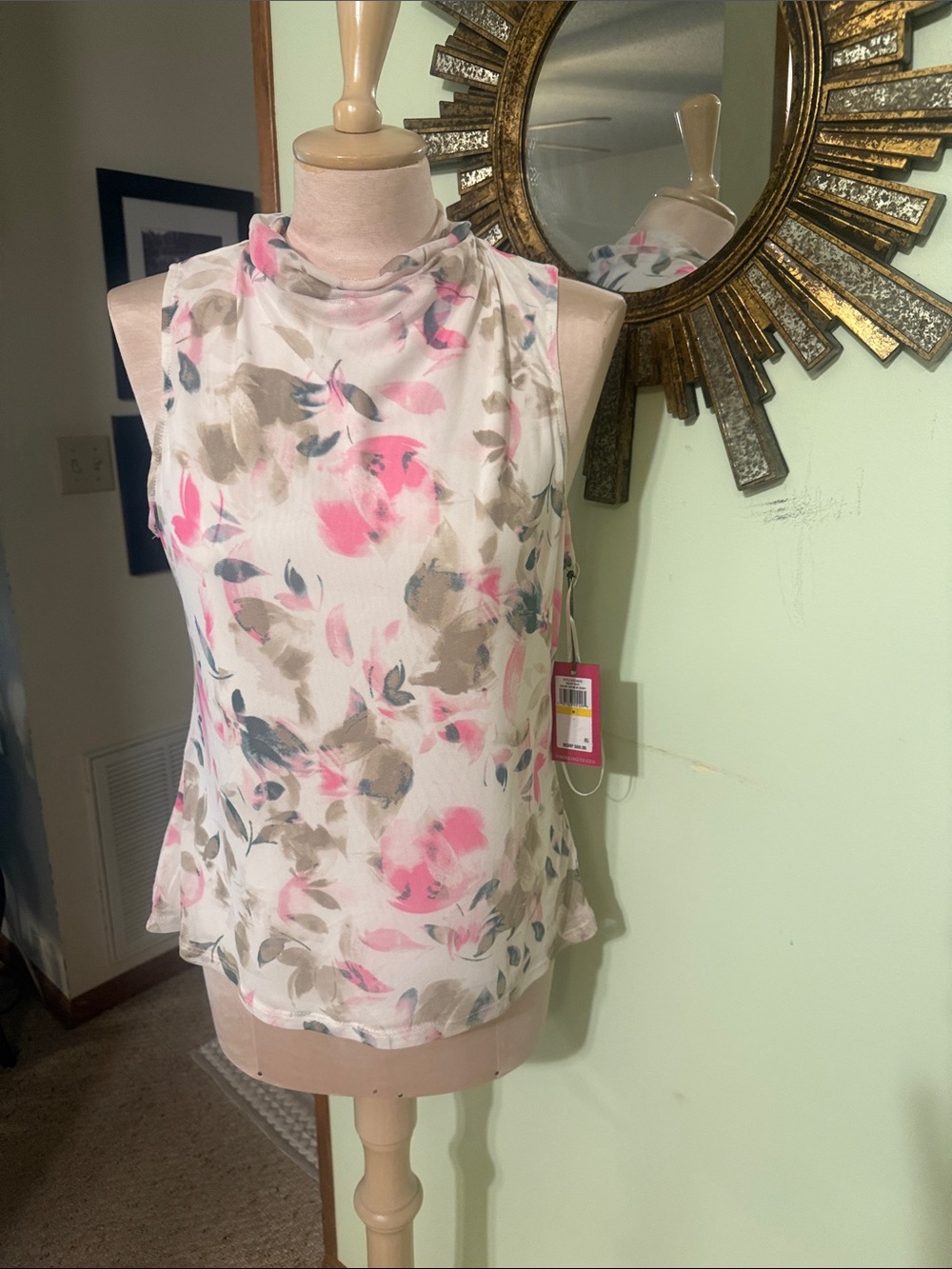 New Vince Camuto Pink & Cream Floral Cowl Neck Sleeveless Top